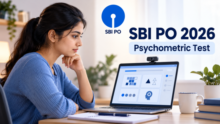 SBI PO 2026 remote proctored psychometric தேர்வுக்கு வீட்டில் laptop முன் தயாராகும் தேர்வரின் விளக்கப்படம்
