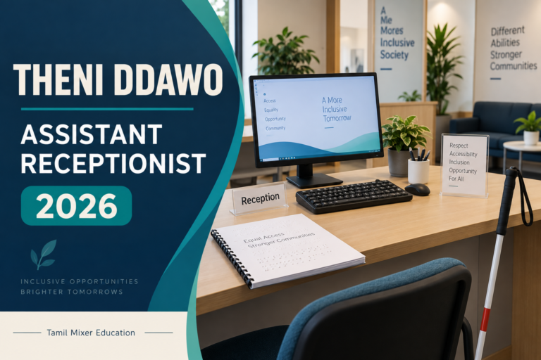 Theni DDAWO Recruitment 2026 – உதவி வரவேற்பாளர் பணியை விளக்கும் உருவாக்கப்பட்ட படம்
