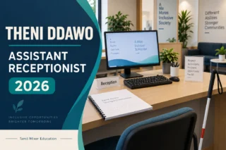 Theni DDAWO Recruitment 2026 – உதவி வரவேற்பாளர் பணியை விளக்கும் உருவாக்கப்பட்ட படம்