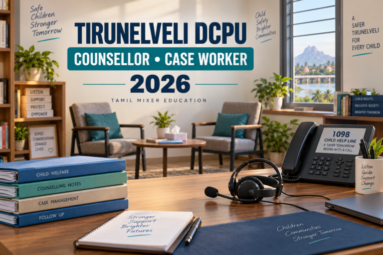 Tirunelveli DCPU Recruitment 2026 – Counsellor மற்றும் Case Worker பணிகளை விளக்கும் உருவாக்கப்பட்ட படம்