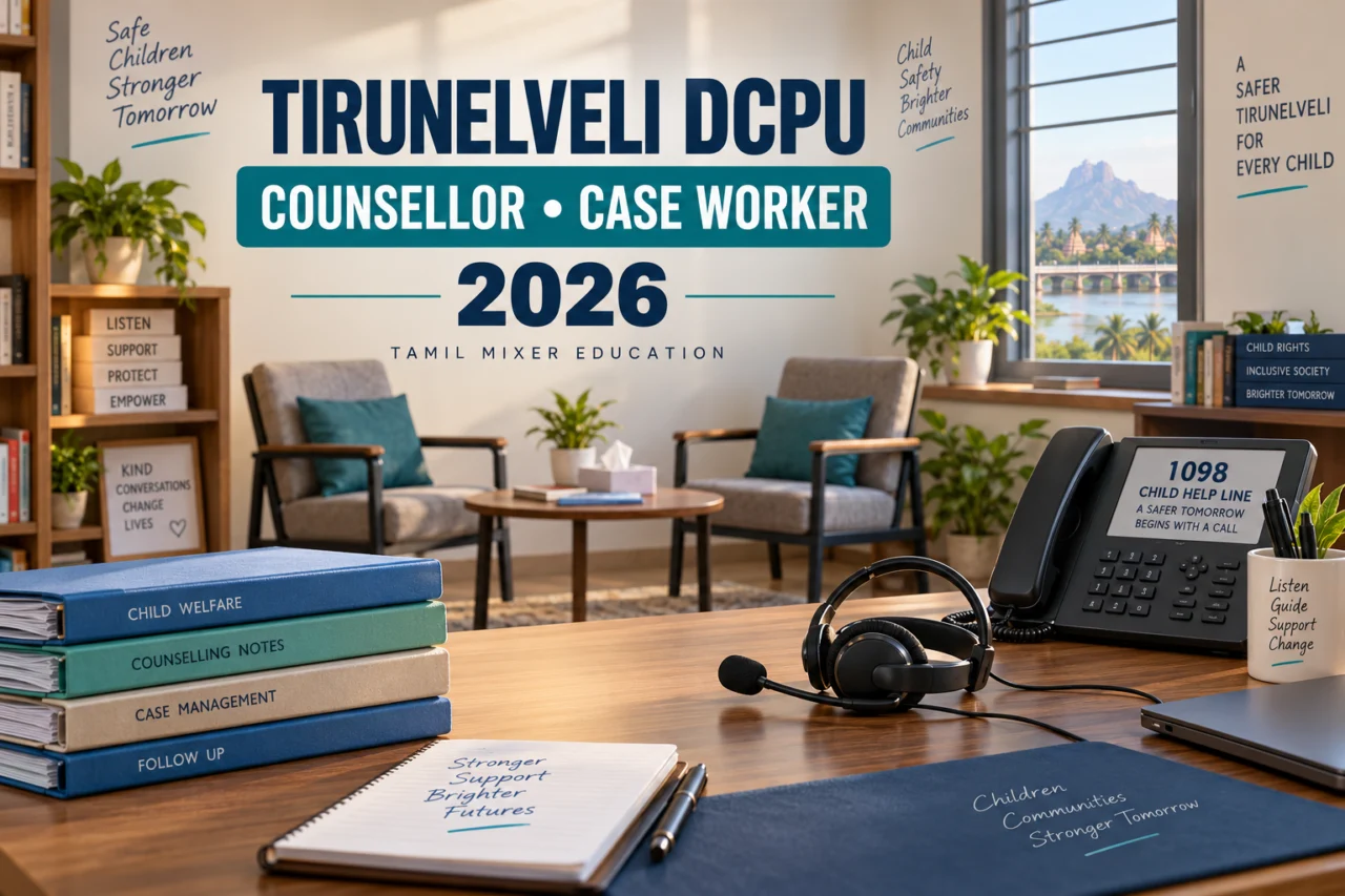 Tirunelveli DCPU Recruitment 2026 – Counsellor மற்றும் Case Worker பணிகளை விளக்கும் உருவாக்கப்பட்ட படம்