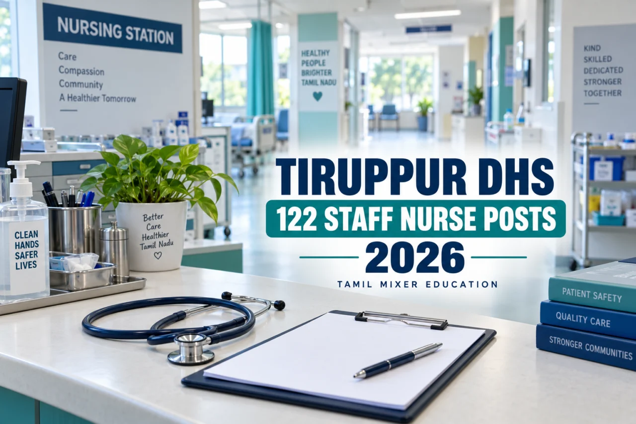 Tiruppur DHS Recruitment 2026 – 122 Staff Nurse பணிகள்; செவிலியர் பணியைச் சித்தரிக்கும் விளக்கப்படம்