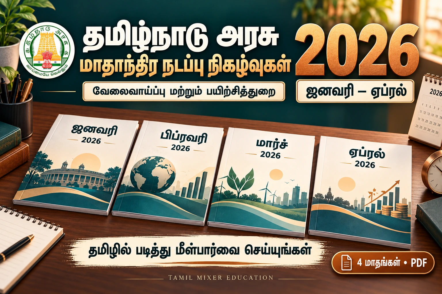 தமிழ்நாடு அரசு வேலைவாய்ப்பு மற்றும் பயிற்சித்துறை நடப்பு நிகழ்வுகள் 2026: ஜனவரி–ஏப்ரல் தமிழ் PDF தொகுப்பு; அரசு சின்னத்துடன் நான்கு மாதக் குறிப்புகள்.