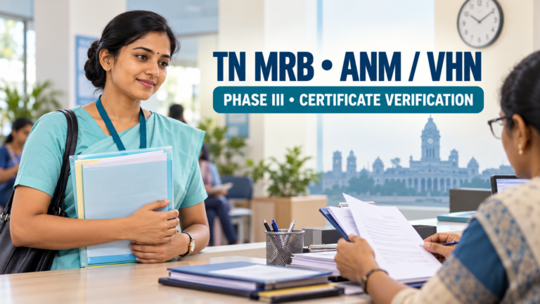 TN MRB ANM VHN Phase III சான்றிதழ் சரிபார்ப்பைக் குறிக்கும் செவிலியர் மற்றும் ஆவண மேசையின் பிரதிநிதித்துவ விளக்கப்படம்