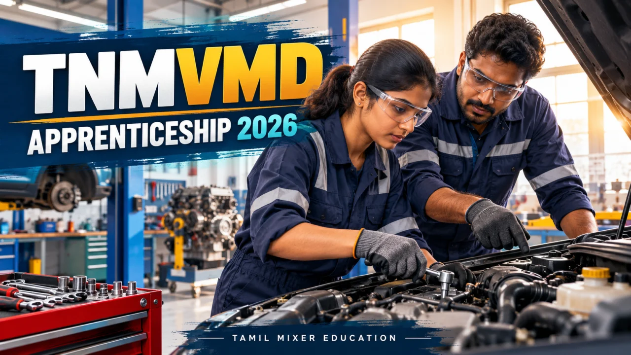 TNMVMD Apprentice Recruitment 2026 – வாகன பராமரிப்புப் பயிற்சியைச் சித்தரிக்கும் AI விளக்கப்படம்; அதிகாரப்பூர்வ அலுவலகப் புகைப்படம் அல்ல