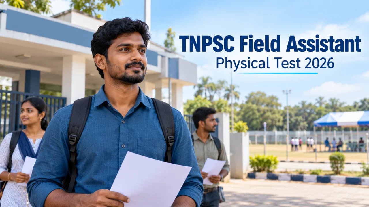 TNPSC Field Assistant 2026 உடற்தகுதித் தேர்வுக்கான குறிப்பாணையுடன் வரும் தேர்வர்களை விளக்கும் உருவாக்கப்பட்ட காட்சி
