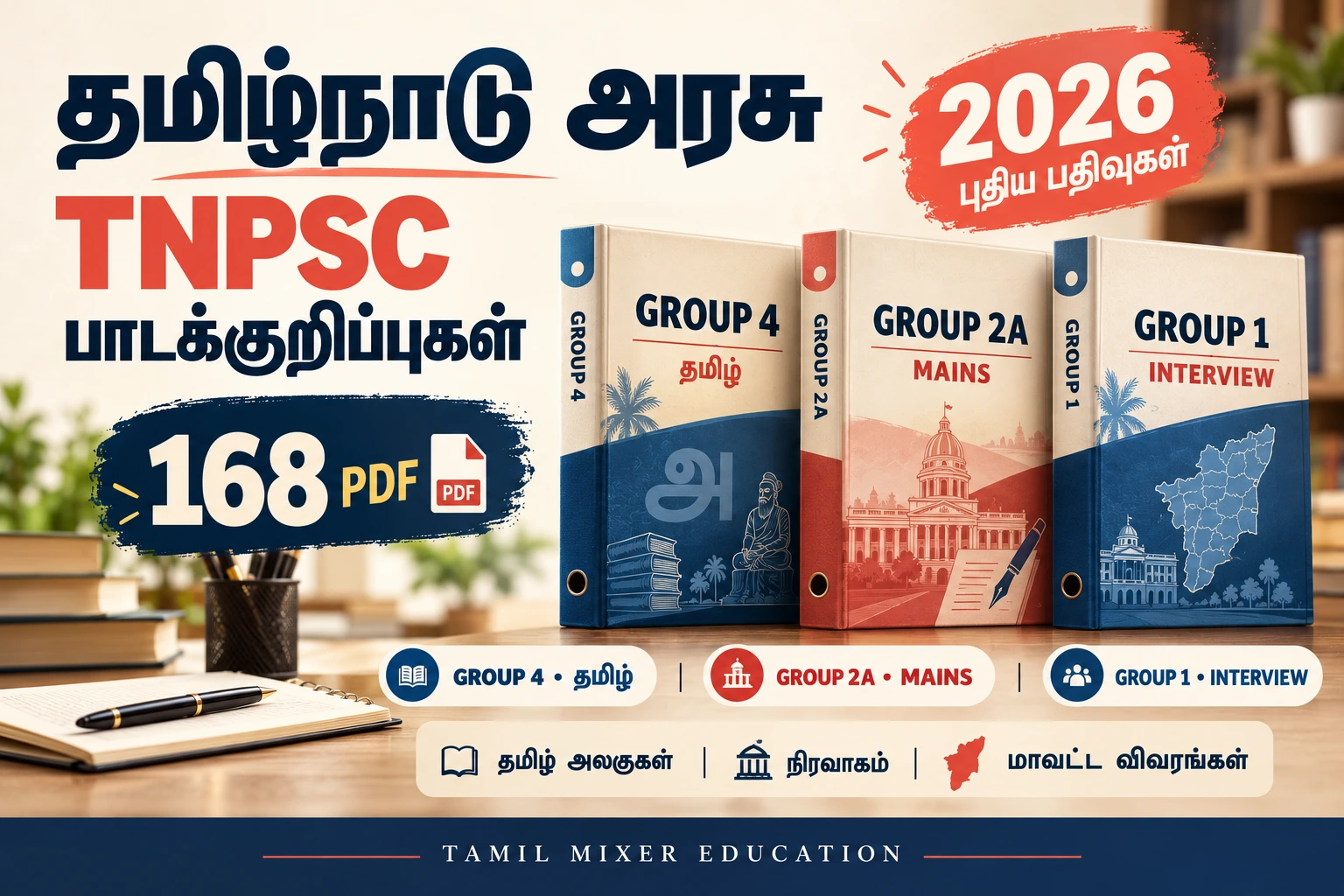 தமிழ்நாடு அரசு TNPSC பாடக்குறிப்புகள் 2026 புதிய பதிவுகள் – Group 4 தமிழ், Group 2A Mains, Group 1 நேர்முகத்தேர்வு – 168 PDF