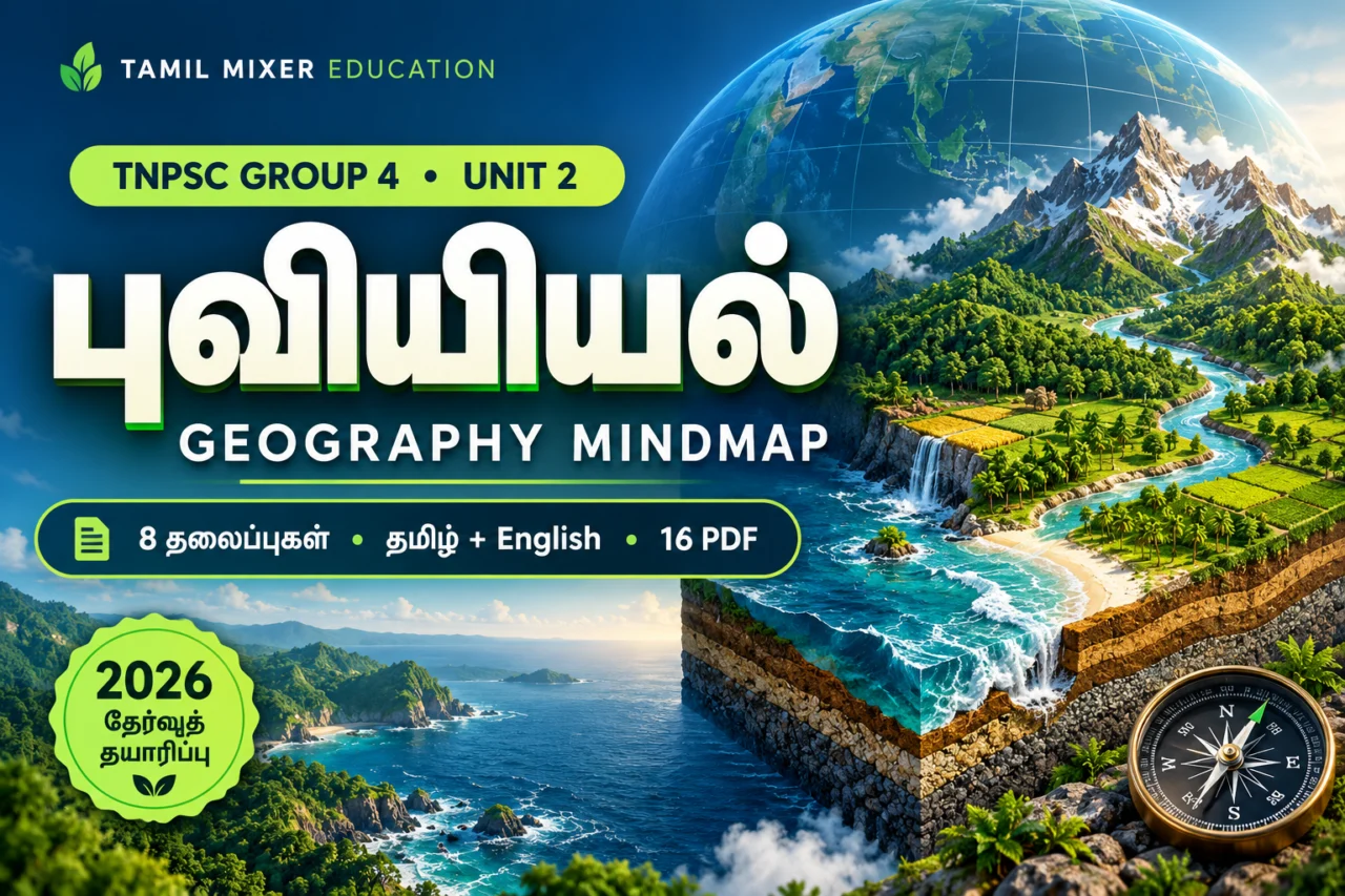 TNPSC Group 4 Unit 2 புவியியல் Mindmap — இயற்கை அமைப்புகள், காலநிலை, நீர் வளங்கள் உள்ளிட்ட 8 தலைப்புகள், தமிழ் மற்றும் English 16 PDF