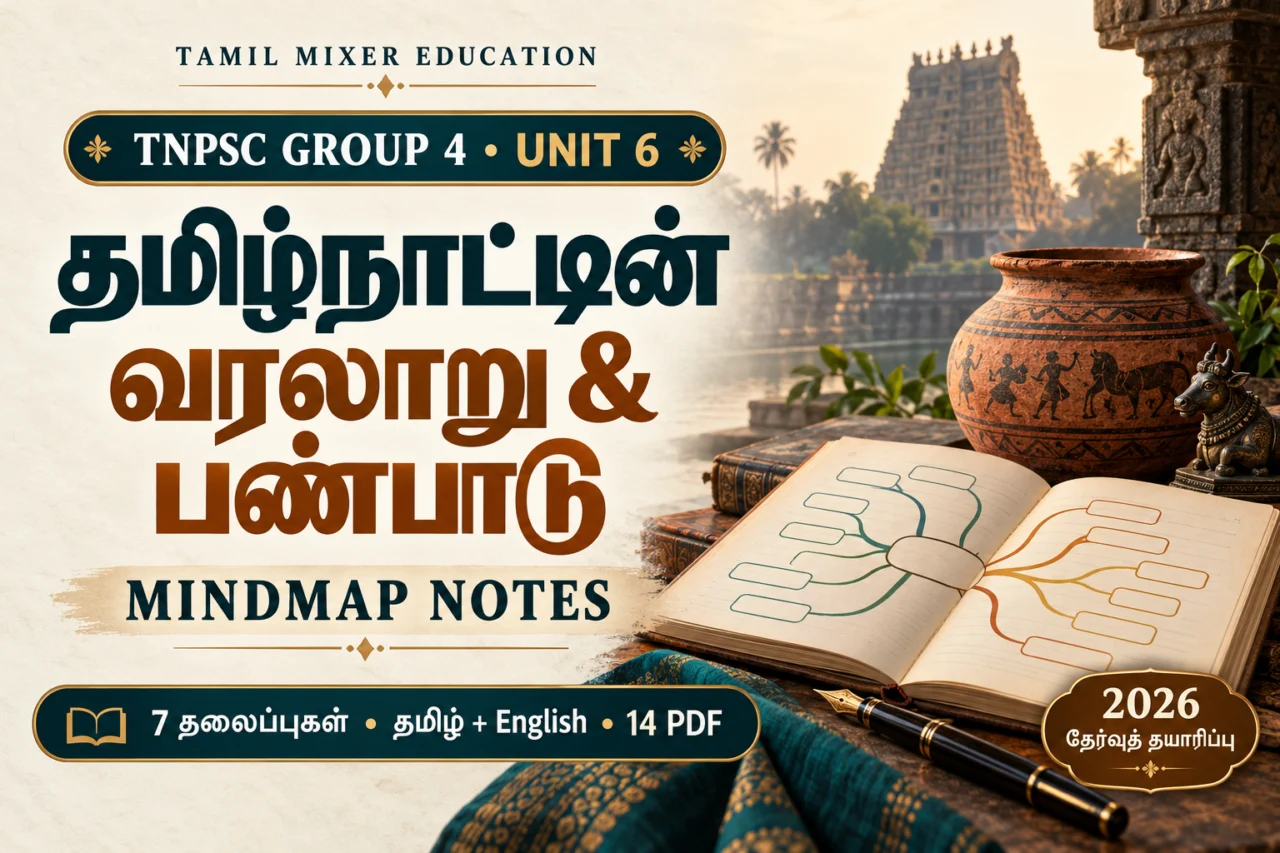 TNPSC Group 4 Unit 6 — தமிழ்நாட்டின் வரலாறு பண்பாடு Mindmap குறிப்புகள், 7 தலைப்புகள் தமிழ் மற்றும் English 14 PDF