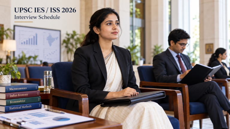 UPSC IES ISS 2026 நேர்காணலுக்குத் தயாராகும் தேர்வர்களை விளக்கும் பொருளாதாரம் மற்றும் புள்ளியியல் சார்ந்த காட்சி